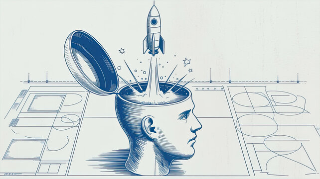 A rocket launching from an open mind, depicting idea, innovation and knowledge