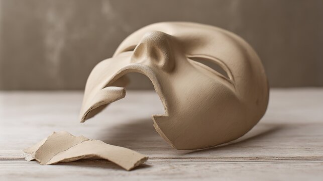 reassembled. A fragmented theatrical mask with pieces reassembled into a distorted expression. event programs, museum guides, designed for cultural heritage projects and event programs.