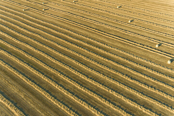 Obraz premium 63801-17204 Aerial view of rows of wheat straw before baling and round bales Marion Co. IL