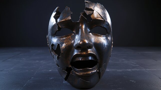 reassembled. A fragmented theatrical mask with pieces reassembled into a distorted expression. event programs, museum guides, designed for cultural heritage projects and event programs.