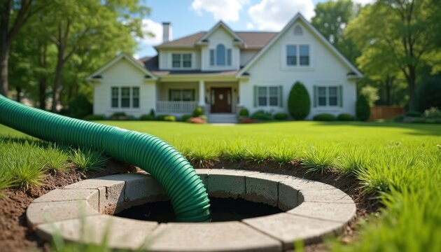 Green hose empties septic tank beside large house. Wastewater service truck pumps out liquid waste. Homeowner chore or professional maintenance.