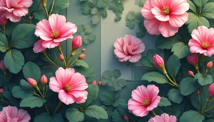 Fototapeta premium Floral pattern with pink flowers and green leaves. Blossom branches with buds grow on background. Delicate petals open revealing stamens. Art illustration.