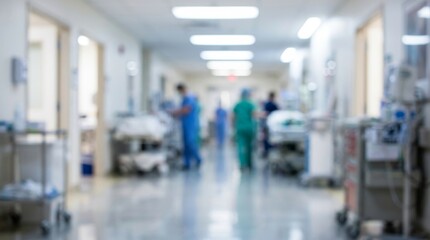 Fototapeta premium Blurred Hospital Hallway with Doctors and Nurses on Duty
