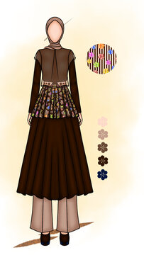 An illustration of a women&rsquo;s fashion design featuring a long brown-toned dress, accented with colorful patterns at the waist, paired with long, milk-chocolate-colored culottes.  