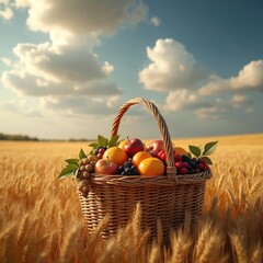 Naklejka premium Wicker basket filled with fresh apples oranges berries grapes sits in golden wheat field under blue sky. Natural harvest bounty, healthy organic food concept.