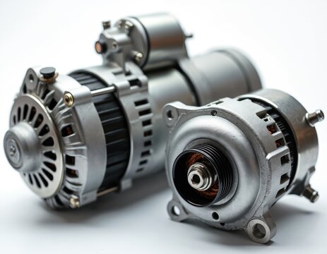 Car alternator, starter motor components on white background. Auto parts provide electrical power for engine starting, battery charging. Essential engine elements for vehicle operation, functionality.