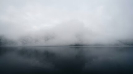 Fototapeta premium Serene Lake Shrouded in Dense Mist on a Gloomy Day