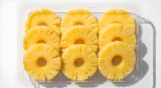 Rebanadas redondas de pi&ntilde;a dentro de una caja transparente aislada sobre fondo blanco.
 Vista de arriba hacia abajo en un recipiente de pl&aacute;stico con jugosos trozos de fruta sin pelar.