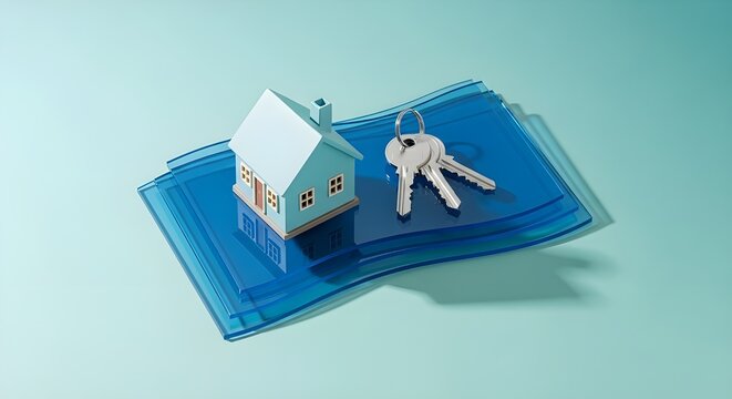 Ilustraci&oacute;n 3D de llaves plateadas con modelo de casa en papel azul, concepto de bienes ra&iacute;ces, fondo de banner de vista superior.