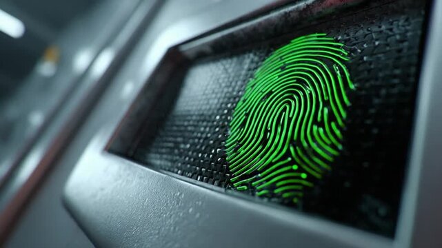 Fingerprint Scan Technology: Capturing the intricate detail of a vibrant green fingerprint, highlighting the cutting-edge technology behind biometric identification and data security.