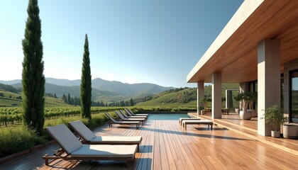 Naklejka premium Luxury modern villa offers serene poolside relaxation with vineyard expanse. Wooden deck, chaise lounges, and scenic mountain backdrop invite tranquil leisure.