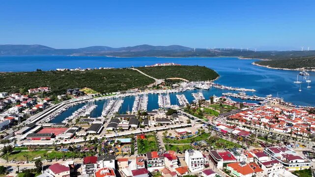 Aerial Drone View of Teos Marina and Sigacik Coastal Town in Izmir, Turkey &ndash; Aegean Sea Harbor and Scenic Village 4K