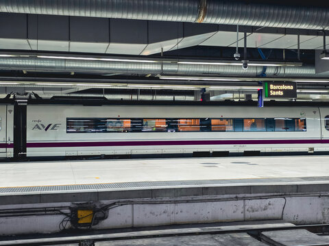 View of renfe AVE high speed Train at Barcelona Sants Train station