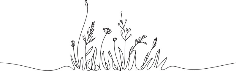 Black and white grass and flower continuous one line art drawing for elegant branding. one line Icon drawing © MofajjolHossen