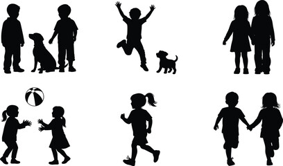 Fototapeta premium Silhouette illustration of children and dogs in playful activities including jumping, running, holding hands, and playing with ball, symbolizing joy, friendship, and companionship.