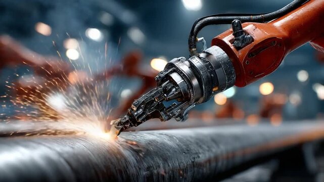 Robotic Precision in Industrial Welding: A close-up showcases a robotic arm meticulously welding metal, sparks flying as it flawlessly fuses the components together.
