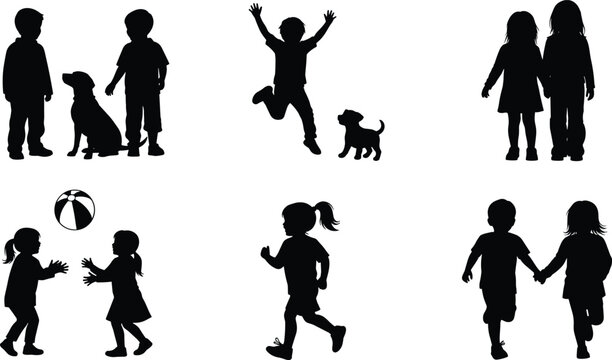 Silhouette illustration of children and dogs in playful activities including jumping, running, holding hands, and playing with ball, symbolizing joy, friendship, and companionship.