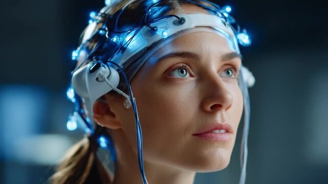 Exploring Cognitive Frontiers: A captivating shot of a person wearing a brain-computer interface, highlighting the realm of cognitive exploration and brainwave monitoring.