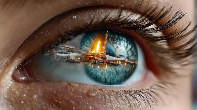 Gazing into the Future: A captivating macro shot reveals a mesmerizing reflection of a cityscape within the iris of an eye, blending the realms of human perception and urban architecture.