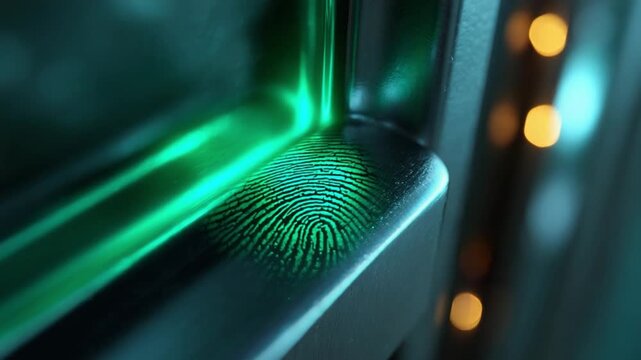 Fingerprint Scan: a close-up image showing a glowing fingerprint on a metallic surface, symbolizing security, access, and digital identity.
