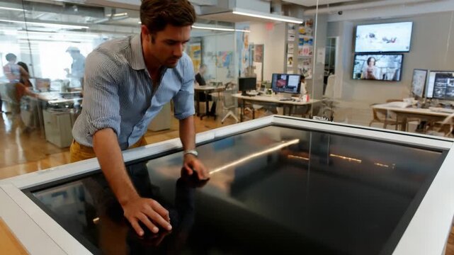 Man Interacting with a High-Tech Table: A focused individual engages with a large interactive touchscreen table in a modern, well-lit office, embodying technological innovation and progress.
