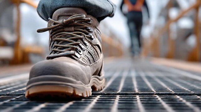 Safety First: A close-up shot of sturdy safety footwear navigating the industrial setting, symbolizing workplace safety and the essence of work.