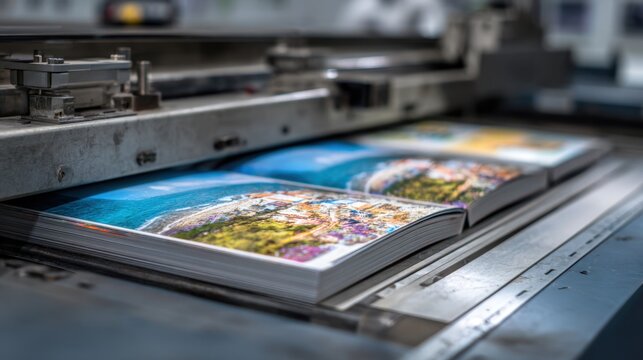 Close up of open magazines with vibrant landscape images on a printing press machine