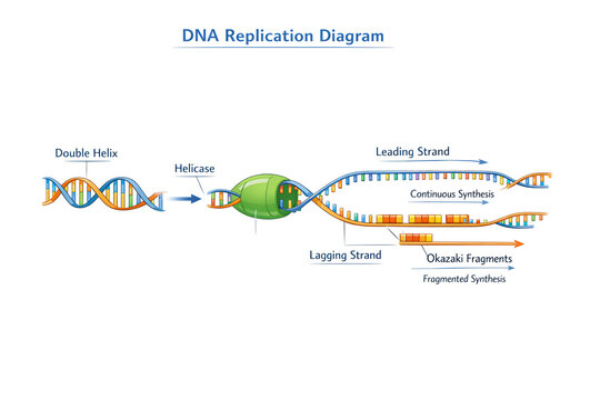 DNA Replication Diagram Showing Double Helix Helicase Leading and Lagging Strand