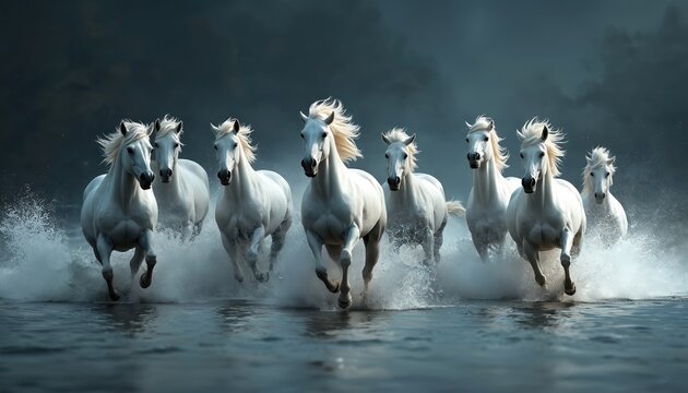 Seven white horses run fast through shallow water splashing. Animals race together in a dramatic dark landscape. Equine herd shows power grace and freedom. Muscular mammals move with speed.