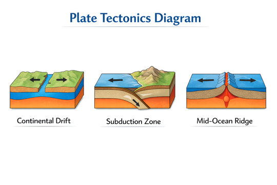 Plate Tectonics Diagram Showing Continental Drift Subduction Zone and Mid Ocean Ridge