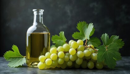Naklejka premium Glass bottle with golden liquid stands beside fresh green grapes and leaves. Dark surface provides minimalist backdrop for healthy fruit beverage and agriculture concept. Simple, natural still life.