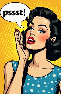 Retro comic style woman whispers secrets into hand near speech bubble saying psst. Bold pop art portrait with halftone dots and bright colors. Vintage advertising style.