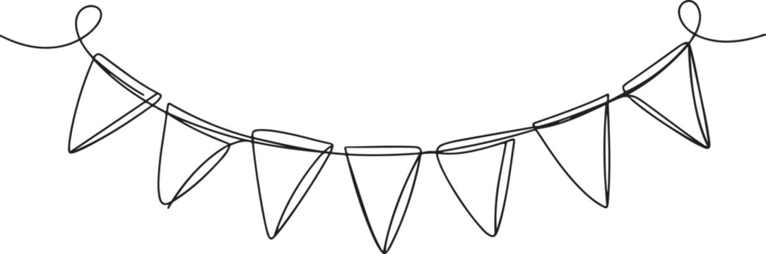 Continuous line art drawing buntings garland. Celebration party hand drawn elements. Vector linear illustration. one line Icon drawing