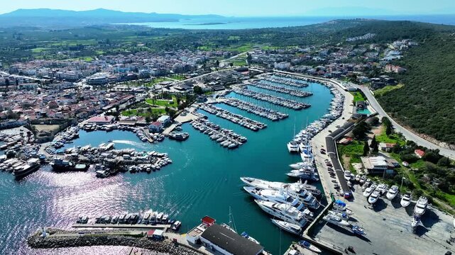 Aerial Drone View of Teos Marina and Sigacik Coastal Town in Izmir, Turkey &ndash; Aegean Sea Harbor and Scenic Village 4K