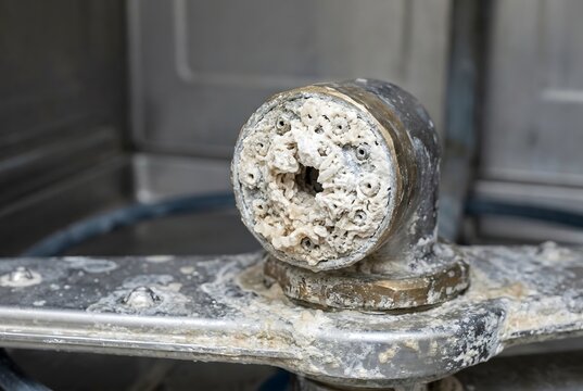 Macro close-up of severe calcium scale clogging a commercial dishwasher spray nozzle