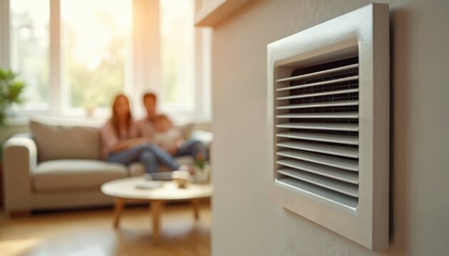 Interior ventilation grille closeup in sunlit living room. Blurred background shows happy mother and son relaxing on couch. Home climate comfort.