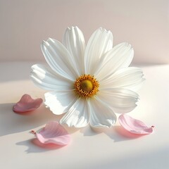 Fototapeta premium Single white cosmos flower with delicate pink petals scattered around. Soft studio lighting illuminates this botanical beauty, perfect for background.