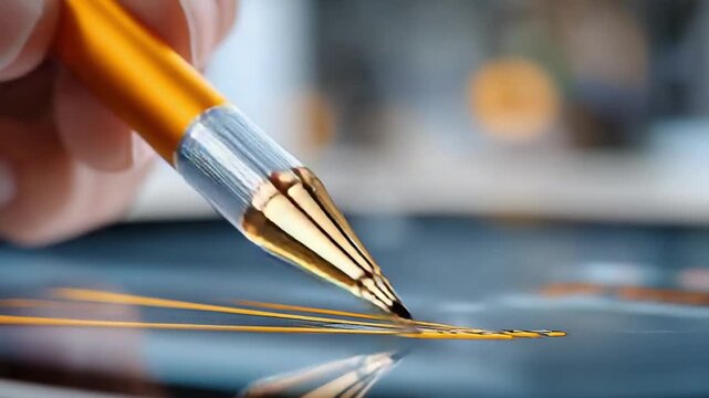 The Golden Touch of Creation: A detailed view of a hand skillfully wielding a golden pencil, leaving a trace of creation on a shiny surface. A vivid portrayal of art, writing, and innovation.