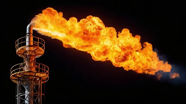 Fiery Industrial Flare: A towering industrial flare ignites the night sky, its intense flames emanating from a metallic structure, creating a dramatic display of energy.