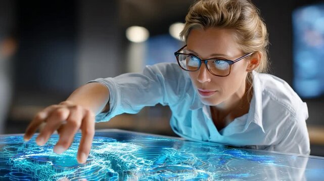 Analyzing the Blueprint: A brilliant scientist, clad in professional attire, is focused and engrossed, exploring intricate technological designs on a holographic interface with concentrated focus.