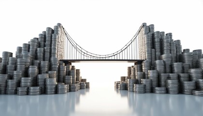 Obraz premium Coin stacks form bridge between money piles. Represents financial growth investment and economic success. Concept of wealth accumulation and funding.