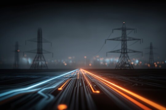 Power grid concept with glowing circuit lines leading toward transmission towers at night