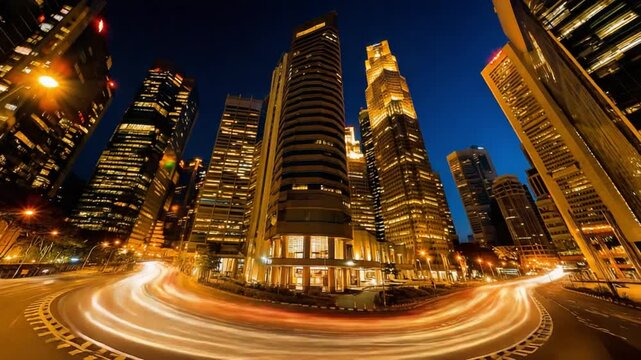 Urban Symphony at Twilight: A dynamic perspective of towering skyscrapers ablaze with light under the indigo canvas of dusk, captured with trails of light from passing traffic.