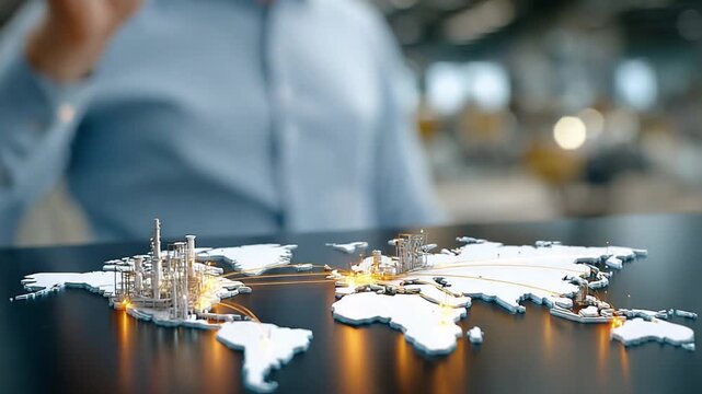 Global Vision: A business person contemplates a miniature world map adorned with intricately designed industrial representations. a global vision of connectivity and trade. 