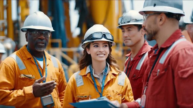 Team of Engineers at Work: A group of skilled engineers, clad in safety helmets and workwear, engage in a collaborative discussion on-site.