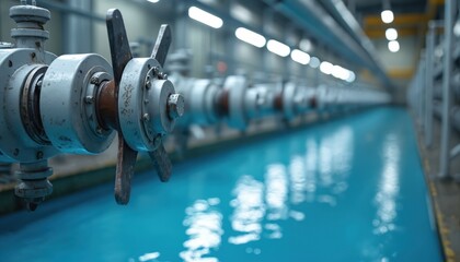 Fototapeta premium Industrial water purification system with series of pumps, filters. Clean blue liquid flows through pipes. Automated machinery monitors, controls water quality for public use. Modern infrastructure.