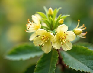 Naklejka premium Close-up of light yellow honeysuckle flowers blooming on green leafy branch. Small buds and petals show delicate details with soft focus background. Nature detail.