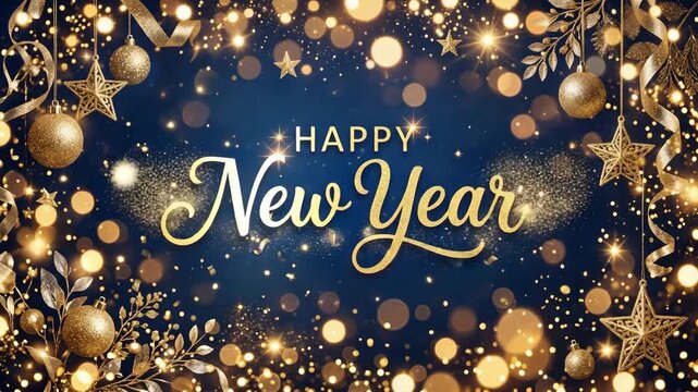 Happy New Year golden text with festive ornaments stars and sparkling bokeh lights on an elegant blue background
