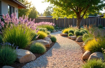 Fototapeta premium Front yard garden features gravel path winding past drought tolerant plants and rocks. Rich lavender and ornamental grasses create a beautiful xeriscape design. Home exterior with rich landscaping.
