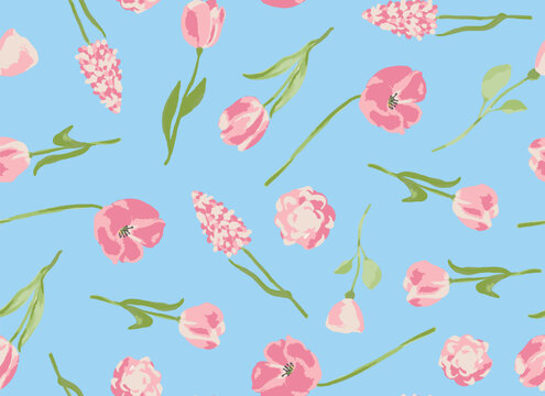 Spring, hand drawn watercolor flowers with leaves seamless repeat pattern. Random placed, vector botanical elements aop, all over surface print on light blue background.